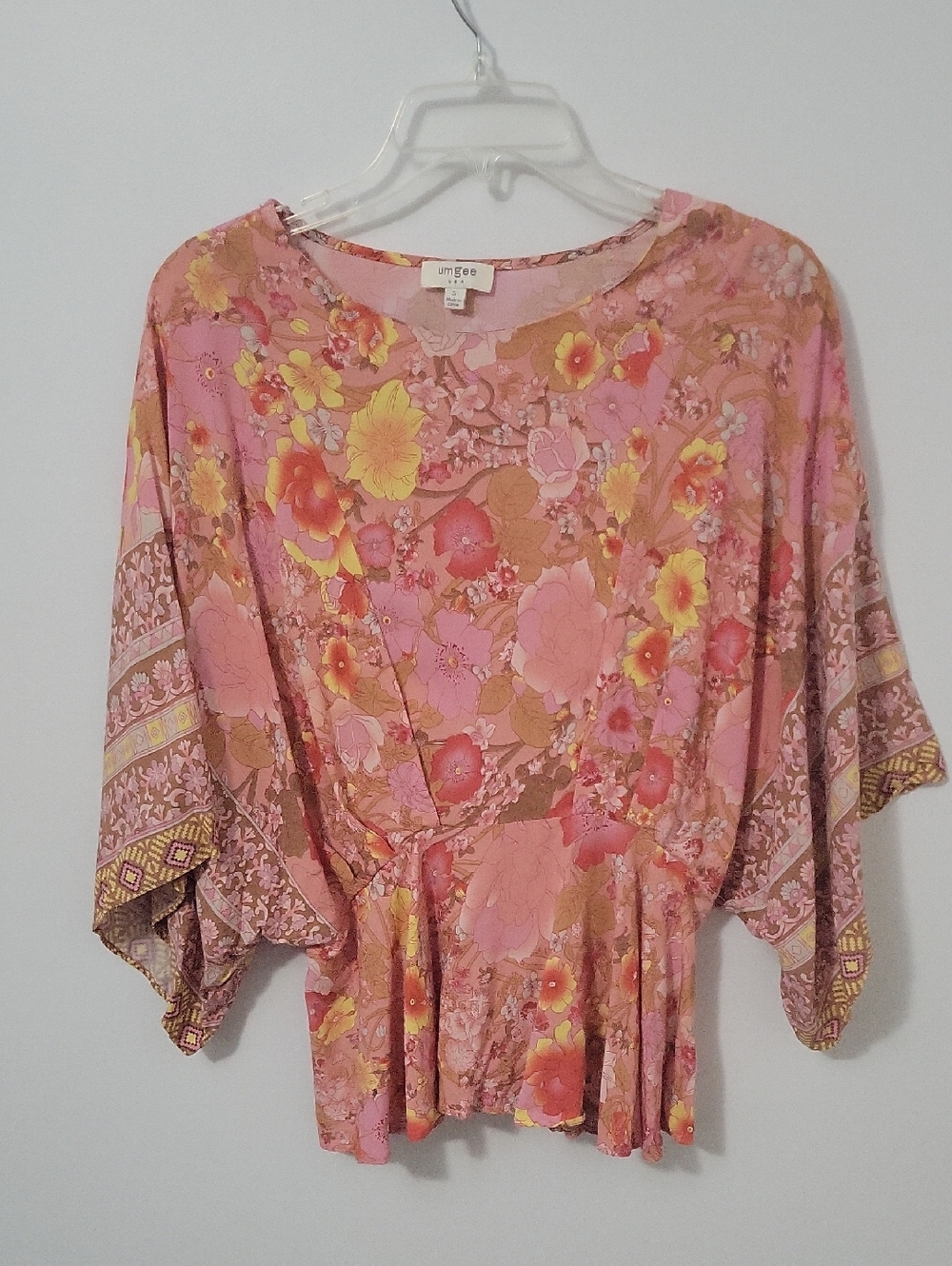 Umgee Floral Pink Yellow Boho Peasant Top, Size Small